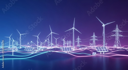 Abstract digital landscape depicting sustainable power solutions and future energy innovation with clean lines and glowing elements, smart, data visualization, electricity