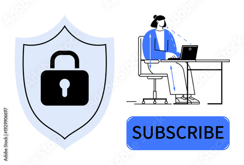 Data security. Locked shield protection and privacy person with laptop engaging in subscription-based activity. Data security for online tools, subscriptions, apps, e-commerce