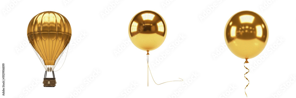 Obraz premium Set and collection of metallic gold party balloons and hot air balloon for celebration and luxury event concepts isolated on white transparent PNG background