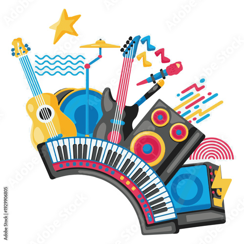 Dynamic arrangement of musical instruments and audio equipment Keywords: music, instruments, guitar, keyboard, drum