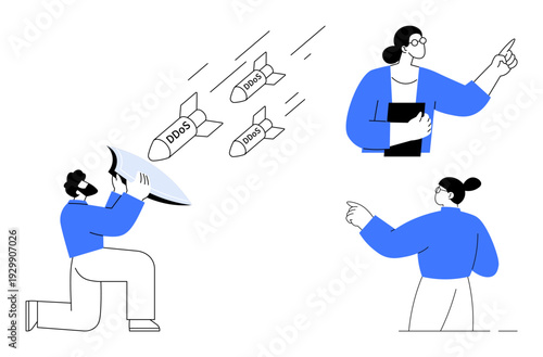 Cybersecurity strategies, data protection, online threats, IT defense, risk management, teamwork. Individuals defending against DDoS missiles. Cybersecurity strategies and data protection idea