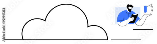 Cloud storage, digital approval, user interaction, data sharing, technology apps, and communication. Minimalist cloud shape with a person on a device and a thumbs-up. Digital approval and user