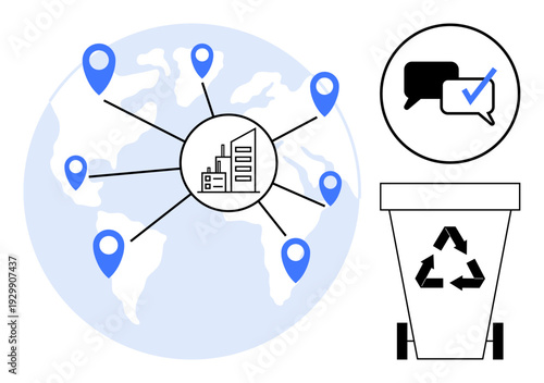World map with location pins linked to central building, speech bubbles with checkmark, and recycling bin icon. Ideal for sustainability, communication, logistics, global network, business