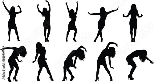 Diverse silhouettes of people standing, walking, and dancing women, professional business group, active female figures, casual crowd collection, isolated vector set, human community motion.