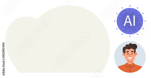 Artificial intelligence, machine learning, digital identity, cloud computing, tech innovation, virtual assistants. Cloud shape with AI icon and male avatar. Artificial intelligence and digital