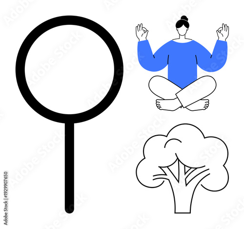 Mindfulness, meditation, nature, focus, health, and personal growth. Magnifying glass, a meditating person and a tree stand together. Mindfulness and meditation concepts