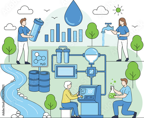 Flat vector illustration of water purification management featuring technical filtration laboratory chemistry testing and environmental sustainability concepts