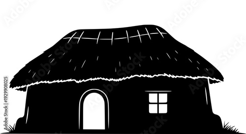 Silhouette of a traditional thatched roof hut with a rounded doorway and a small square window, evoking rustic simplicity and rural living