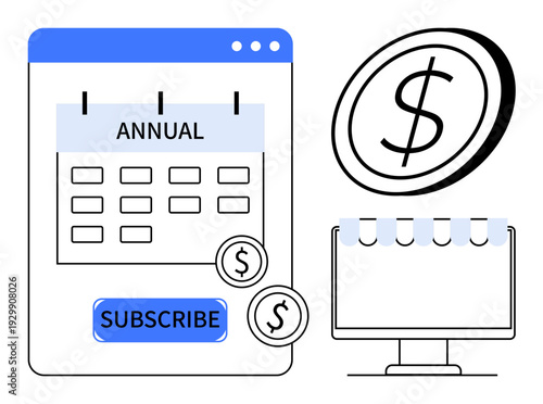 Subscription services, ecommerce, online payments, financial management, digital marketing, business tools. Annual calendar, subscribe button and payment symbols. Subscription services and ecommerce