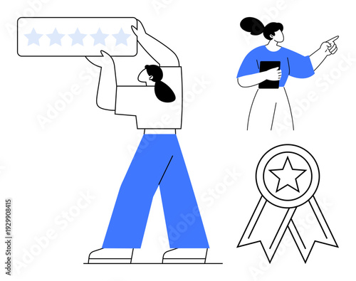 Customer experience, feedback systems, achievement recognition, service quality, user reviews, business standards. Woman holding a star rating card, ribbon icon pointing person. Customer experience