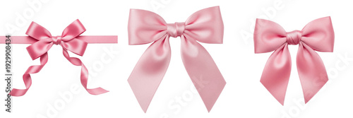 Set and collection of elegant pink satin bows and decorative ribbons for gift wrapping and festive celebrations isolated on white transparent PNG background