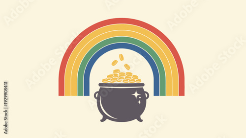 Pot of Gold Coins Under Rainbow.