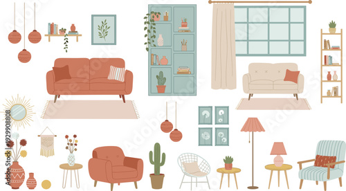 Flat vector interior design illustrations featuring modern sofas armchairs bookshelves lighting fixtures house plants and home decor elements