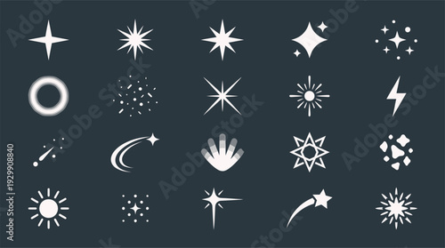 Vector collection of abstract sparkle, glitter, star, and light effect icons set.