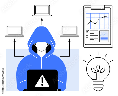 Cybersecurity, data protection, hacking prevention, technology risks, online fraud, innovation. Hooded figure with warning symbol, laptops analytics chart and light bulb icon. Cybersecurity