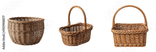 Fotografie Set and collection of rustic hand-woven wicker baskets with handles for home sto