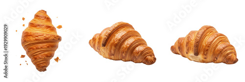 Photos Set and collection of freshly baked golden brown buttery croissants with flaky t