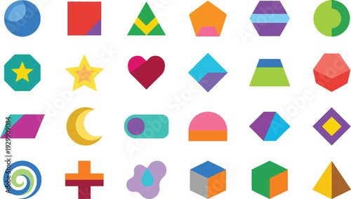 Vibrant collection of colorful, flat geometric shapes and icons set against white