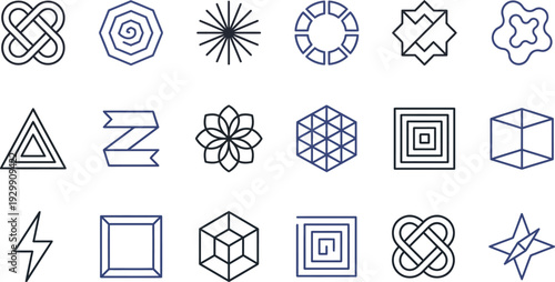 Collection of diverse minimal geometric abstract vector outline shapes and modern symbols