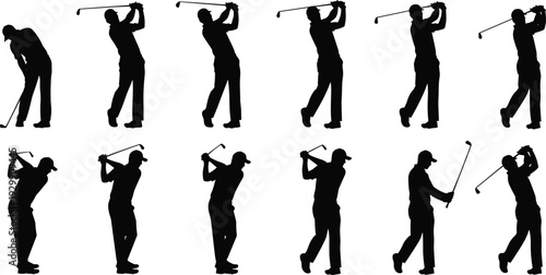 Golf player silhouette set, professional golfer swing, sports man hitting ball, golf club action, tournament athlete icons, leisure outdoor activity, training poses, isolated vector collection.