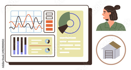 Business analytics, data management, logistics planning, personal profile, operational strategy, inventory system. Dashboard with charts, graphs and icons. Business analytics and data management