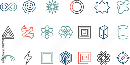 Diverse collection of abstract geometric line art icons and symbols in a modern design.