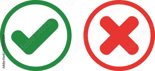 Green check mark and red cross inside circular outlines Vector