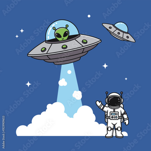 Cute Alien in UFO Meets Astronaut in Space Cartoon - Extraterrestrial Encounter