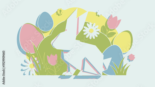 White Easter Bunny with Easter Eggs Flowers.