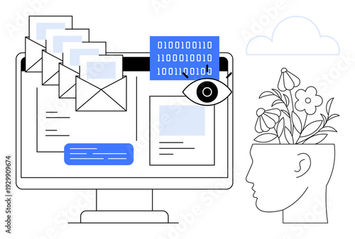 Emails, binary code, eye icon on screen paired with a human head growing flowers. Ideal for creativity, innovation, digital communication, data analysis, mental health AI and mindfulness. Clean