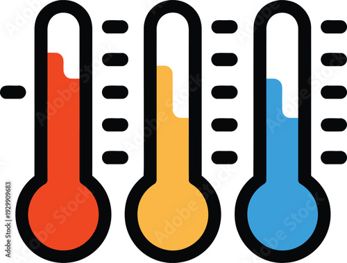 Three thermometers displaying different temperatures in red, yellow, and blue. Vector
