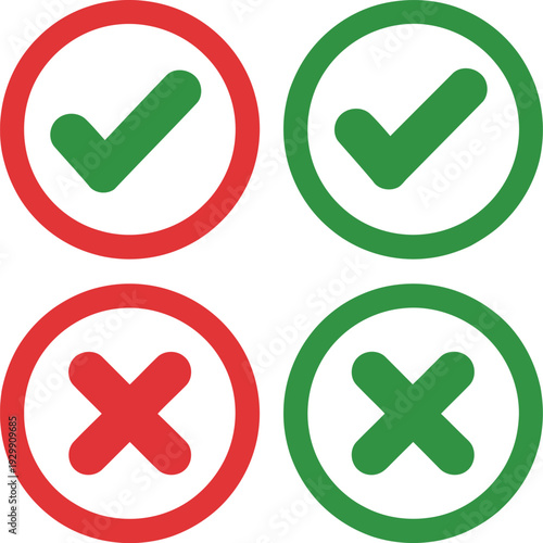 Colorful check and cross marks within circles for visual feedback Vector