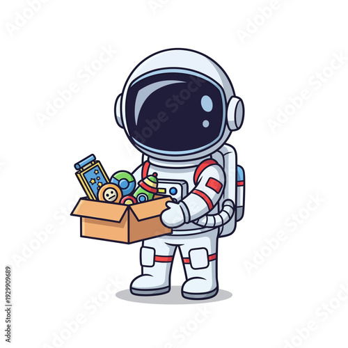 Charming Cartoon Astronaut Delivering a Box Full of Toys and Gifts - Space Exploration and Childhood Wonder Illustration