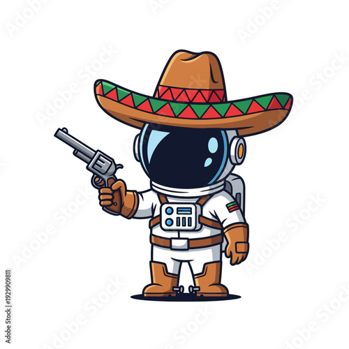 Cute Cartoon Astronaut in Sombrero with Revolver - Space Explorer with Mexican Cowboy Style Isolated