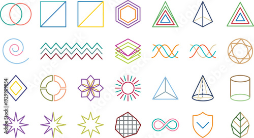 Collection of colorful minimal line icons representing various geometric shapes and abstract concepts clearly.