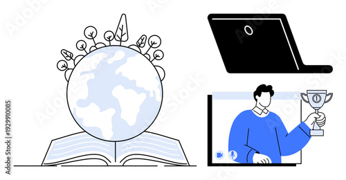 Open book with the globe and plant icons reflecting education and sustainability, laptop symbolizing online learning, person holding a trophy representing achievement. Ideal for education