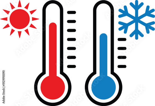 Two thermometers showing hot and cold temperatures with sun and snow icons. Vector