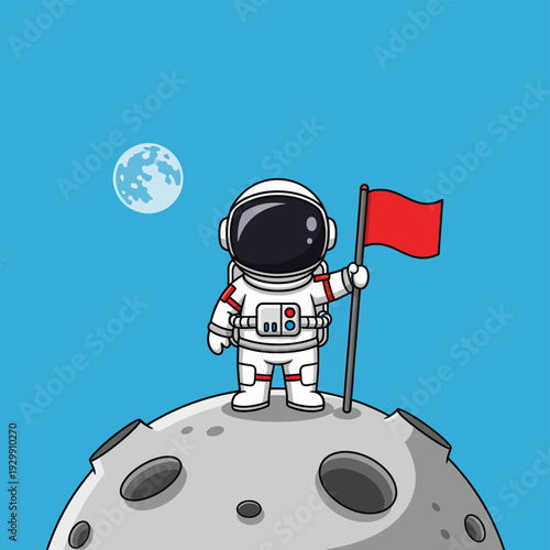Cute Cartoon Astronaut Planting Red Flag on Moon, Symbolizing Space Exploration, Success, and Achievement. Vector for Kids and Triumph.
