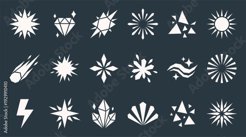Collection of white geometric starbursts, crystals, lightning, and sun icons set against dark.