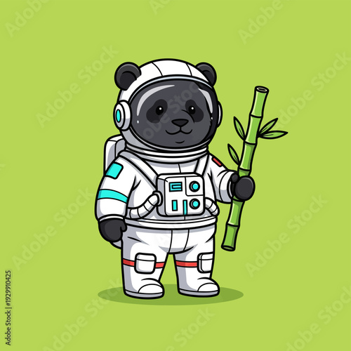 Adorable Astronaut Panda Holding Bamboo: Space Explorer Cartoon Illustration with Eco-Friendly Twist on Green Background