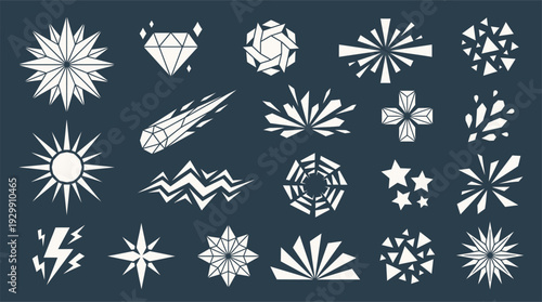 Varied geometric abstract vector shapes like stars, diamonds, suns, and exploding patterns.