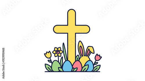 Easter Cross with Eggs and Flowers.