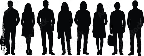 Group of diverse people standing in a row, men and women silhouettes, professional business team, casual crowd collection, isolated vector figures, human community shape.