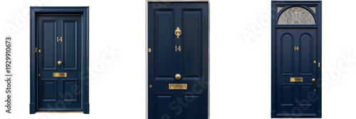 Set and collection of classic navy blue front doors with elegant gold hardware and number fourteen isolated on white transparent PNG background