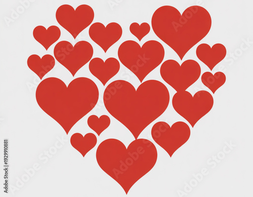 A vibrant cluster of small red hearts forming a larger heart shape on a plain background