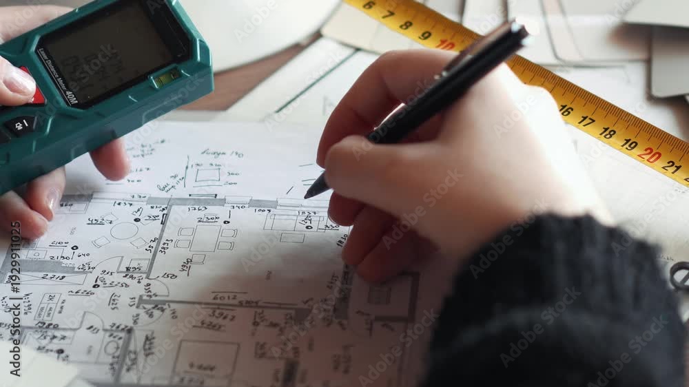 Measurement Design Task woman designer takes measurements and writes a diagram of apartment ...