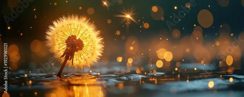 Panel kuchenny z motywem Golden dandelion clock floats on dark rippling water. Magical light bokeh particles drift around blowing seeds. Reflecting warm glow creates dreamlike fantasy mood.