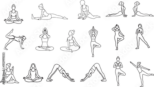 Yoga Woman Line Art Set Showing Meditation, Balance, Stretching And Classic Yoga Poses For Fitness, Clean transparent vector-style icons evoke balance, flexibility, mindfulness and fitness wellness