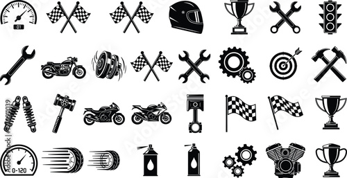 Solid black vector icons for motorcycle racing garage tools engine components trophies checkered flags and motorcycle maintenance