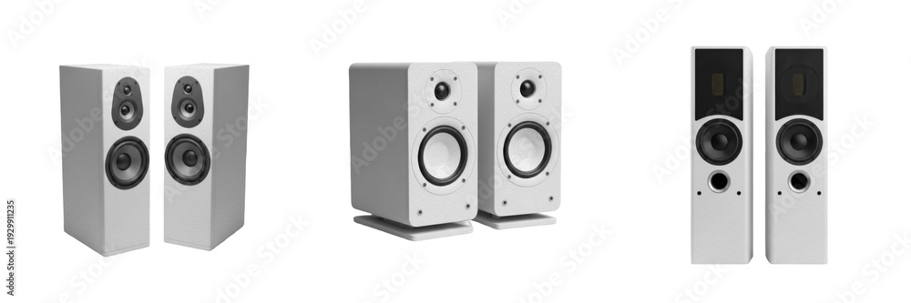 Fototapeta premium Set and collection of modern white bookshelf speakers and high-fidelity audio studio monitors for home entertainment systems isolated on white transparent PNG background